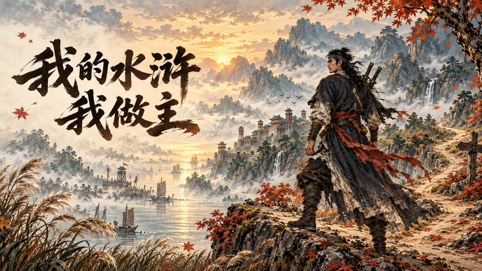 我的水浒我做主：武松独立于山道，远处是水泊与寨楼